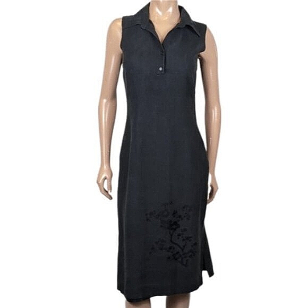 Vintage Y2K Lynn Cantin Linen Shirt Dress Sleeveless Midi Black Floral Size 8